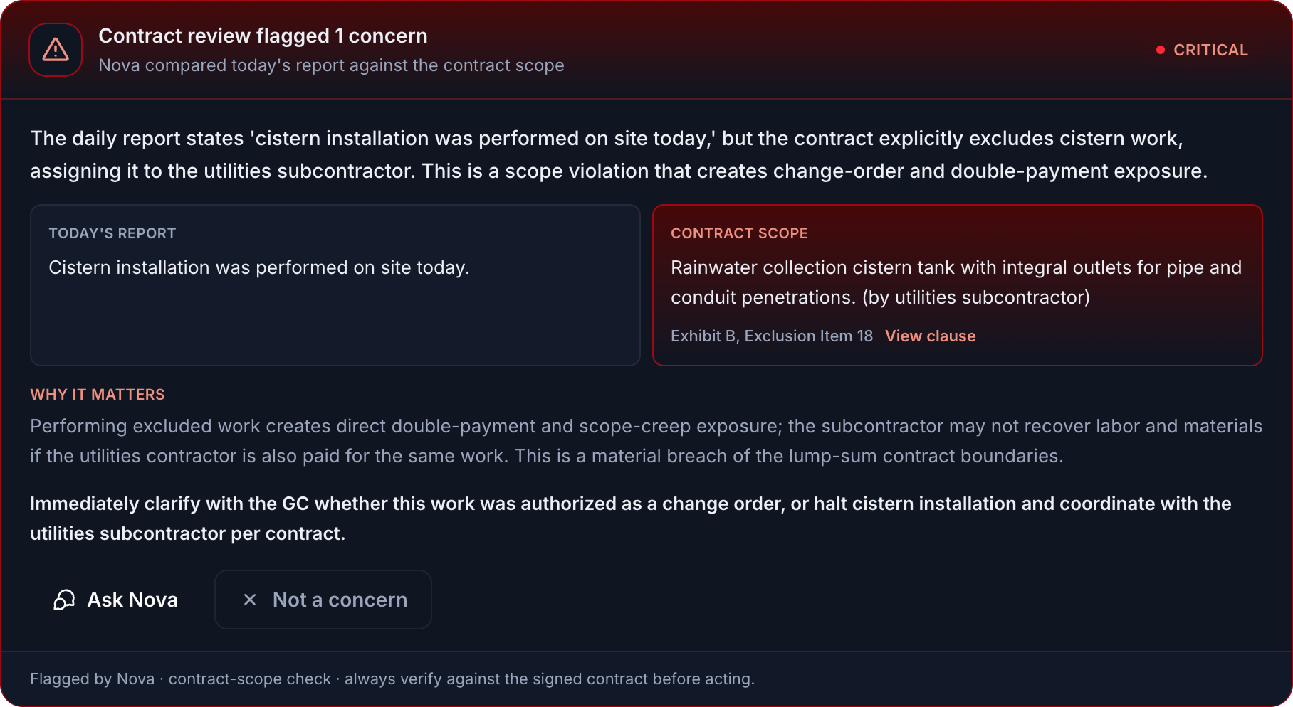 Nova reviews a daily report against the contract scope and flags a concern